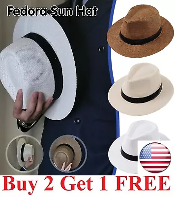 Men Women Straw Jazz Fedora Hat Trilby Cuban Sun Cap Panama Short Brim Summer • $9.95