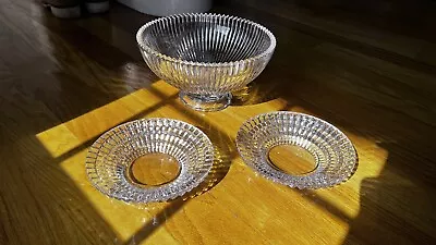 Mikasa Crystal Diamond Fire  10-Inch Ribbed Footed Bowl + Two Candle Holders • $98