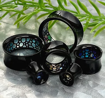 $10.95 • Buy PAIR Inner Abalone-Look Pattern Inlaid Black Acrylic Saddle Tunnels Plugs Gauges