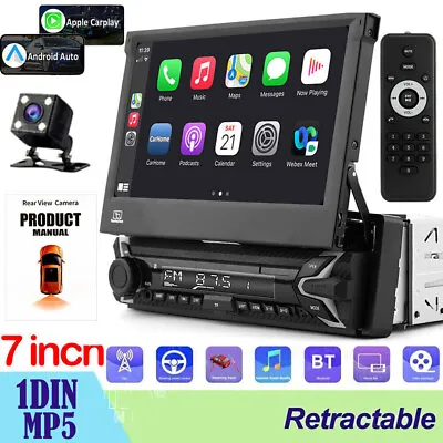 Single 1DIN 7  Flip Out Car Stereo BT CarPlay FM Radio Touch Screen MP5 Player • £79.95