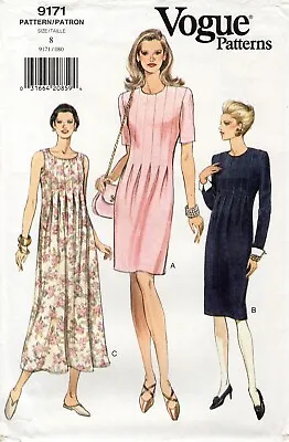 Vogue 9171 Tapered Dress W Front & Back Tucks Sleeve Variations Sz 8 UNCUT • $12.95