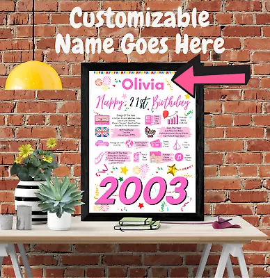 21st Birthday Present Poster Gift+ Personalised Name Daughter Sister Girl Pink • £4.95