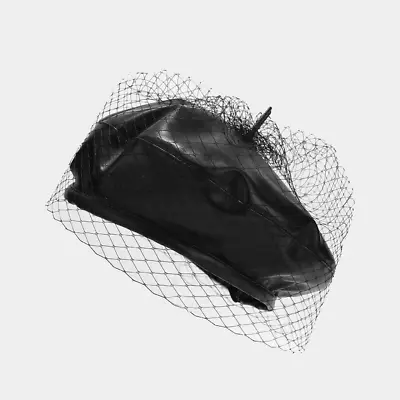 Ladies Retro PU Leather Fascinator Beret Hat With Veil Artist Beanie Cap Black • $17.95