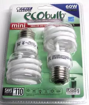 (2 PACK) Feit Mini T2 ECOBulb 13-14W / 60W 120V Soft White CFL E26 BPESL14T2/2 • $8.11