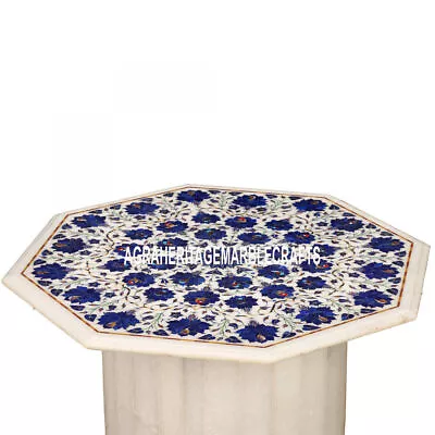 White Marble Table With Stand Lapis Lazuli Floral Marquetry Inlay Decor H3546 • £1835.33