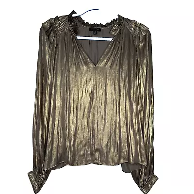 Current Air Womens Blouse Gold Foil Ruffle Metallic Long Sleeve XS Disco Glam • £27.80