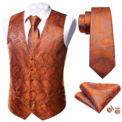 Barry Wang Mens Waistcoats Orange Paisley Silk Vest Tie Handkerchief Cufflinks • $47.98