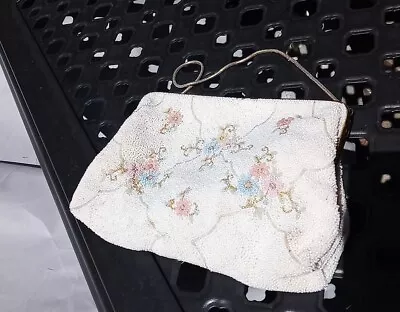 Vintage Walborg White Beaded Floral Purse With Gold Hardware Handmade In France • $39