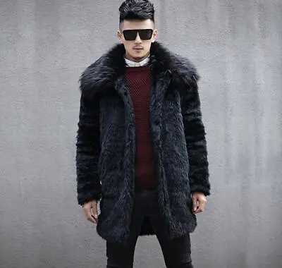 Winter Mens Coats Lapel Fur Collar Thicken Faux Fur Long Warm Fur Overcoat Chic • $84.59