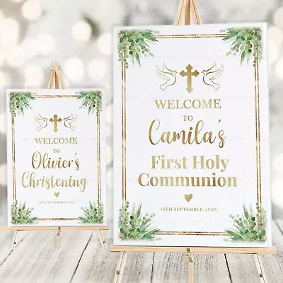 Personalised First Holy Communion Welcome To Christening Party Green Gold Signs • £3.99