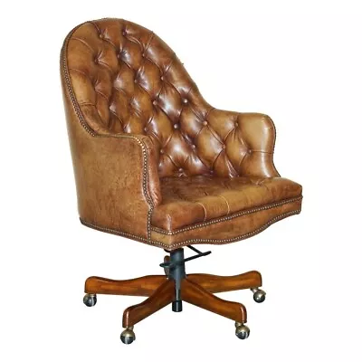 Hand Dyed Vintage Aged Brown Leather Chesterfield Captains Swivel Office Chair • £2850