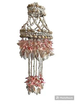 Vintage 70s Ivory & Peach 2 Seashell Beaded Hanging Tiered Chandelier Coastal • $107