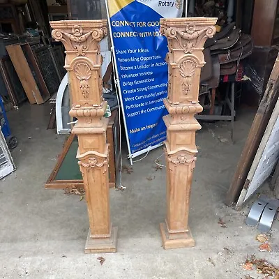 Bova 77 Pair Antiques Carved Stripped Newell Posts 55 X 8“ Square Base • $4500