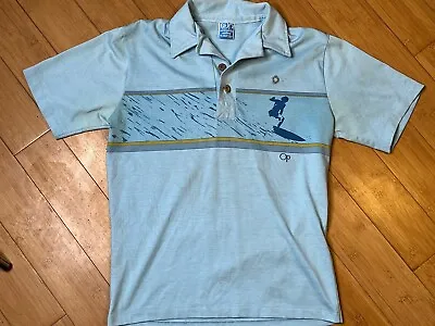 Vintage Men’s XS Ocean Pacific OP Surf 80’s Blue Surfing Wood Button Polo Shirt • $25