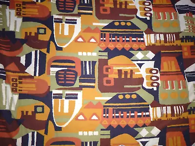 Vtg Heavy Cotton Fabric Orange Brown Tiki Tribal Motif Reclaimed Curtain 94x102  • $49