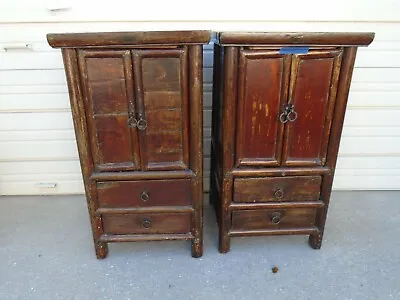 Tall Pair Asian Nightstands Tibetan 2 Hollywood Regency Rustic Mongolian Chinese • $450