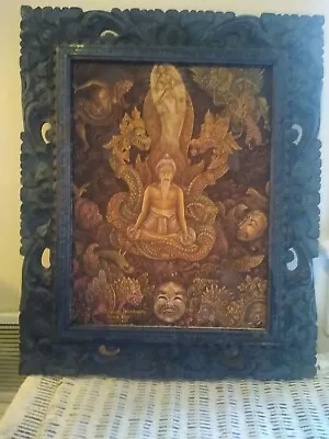 Vintage  Painting From Bali With Hand Carved Frame From BALI    1970s • $224.99