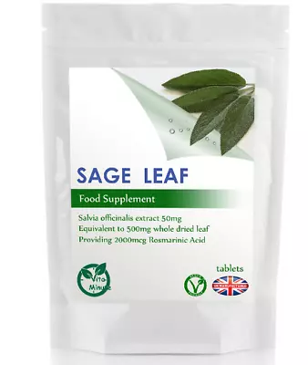 Natural Sage 500mg Extract (100 Tablets) 2000mcg Rosmarinic Acid Menopause UK • £7.09