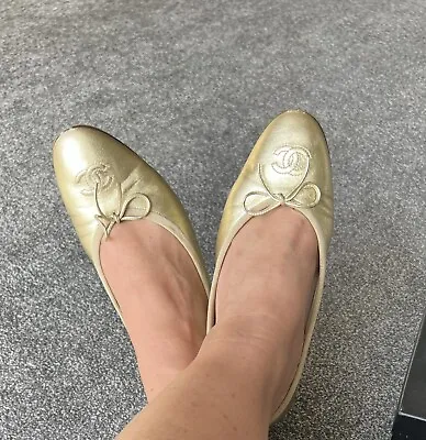 VINTAGE CHANEL Gold Leather Bow Ballerinas Ballet Flats Shoes UK 4 / 37 • £300