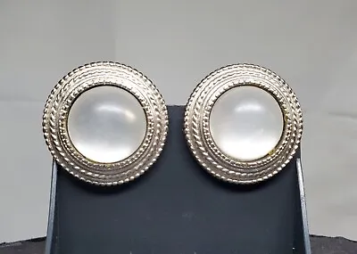 $69 • Buy BEN-AMUN White Gold Tone/Silver Tone Moonstone Domed ClipOn Earrings SIGNED 29mm