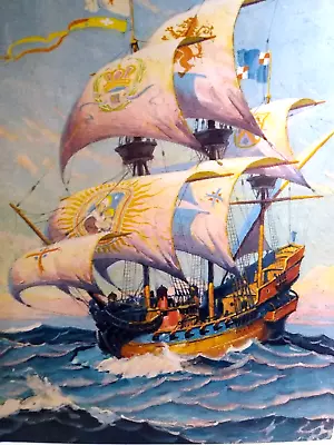 Manila Galleons Spanish Pirate Treasure Ship Art Print 1930s Lithograph Nautical • $17