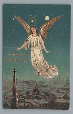 A Merry CHRISTMAS Angel Flying City Full Moon Night Stars Vintage Postcard • $4.99