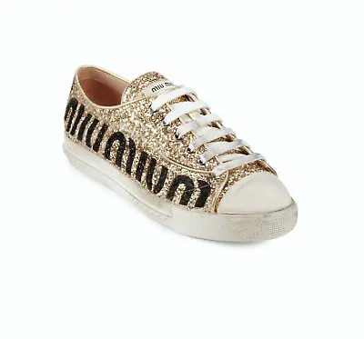 Miu Miu Gold Glitter Logo Sneakers Size 9 • $650