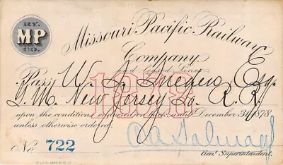 1878 Missouri Pacific Company Low # 722 Railroad Rr Ry Railway Pass • $125