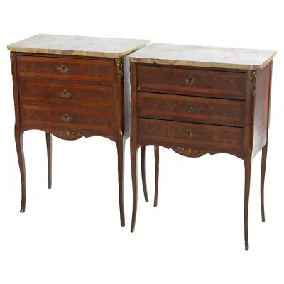 Antique Pair French Kingwood Satinwood Inlaid Marble Top Side Tables Circa 1910 • $1560