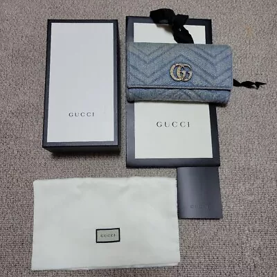 Gucci Folding Long Wallet Marmont GG Metal Fittings Stone Flap Zipper Denim Blue • $296.40