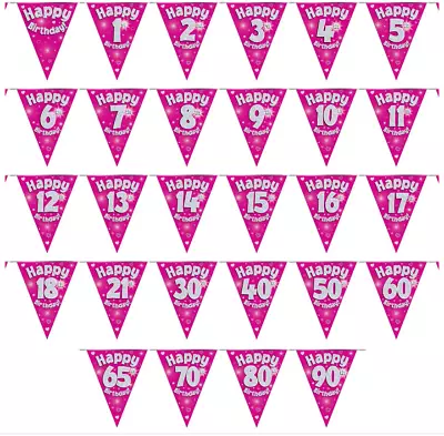 £2.49 • Buy Party Bunting Happy Birthday Pink Silver Holographic 11 Flags 3.9m 12ft Banner
