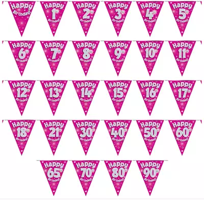 Party Bunting Happy Birthday Pink Silver Holographic 11 Flags 3.9m 12ft Banner • £2.49