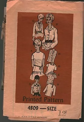 4809 Vintage Mail Order Sewing Pattern 1960s Misses Set Of Blouses Shirt Casual • $5.59