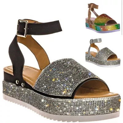 Womens Studs Wedge Heels Platform Open Toe Shoes Rhinestone Ankle Strap Sandals • $25.10