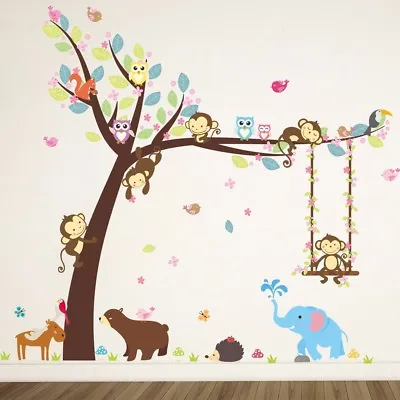 £3.99 • Buy Jungle Animal Monkey Elephant Owl Tree Decal Wall Sticker Children's Bedroom 