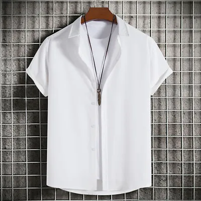 Men Short Sleeve Shirts Beach Casual Linen Style Button Down Formal Dress Shirt • $17.03