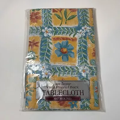 Vintage HomeTrends Vinyl Flannel Back Tablecloth 60  Round Floral Yellow Blue • $14.99