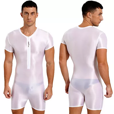 US Mens Glossy Short Sleeve Bodysuit Zipper Jumpsuit Wrestling Singlet Swimsuit • $12.37