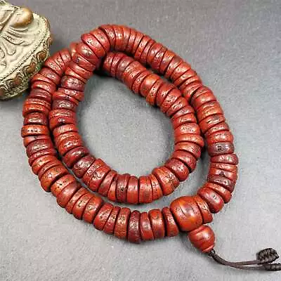 Gandhanra Antique 108 Bodhi Bead MalaOld Prayer Beads NecklaceMiter Cut 14mm • $129.99