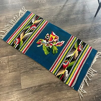 Vtg Mexican Saltillo Serape Rug Woven Wool Rose Teal Blue 22”x44” Table Runner • $149.95