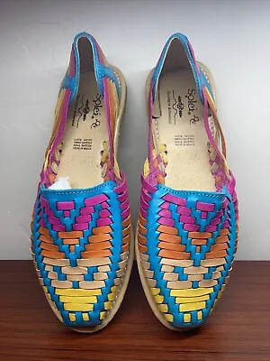 Mexican Huarache Sandal By Solei Vacuno Leather Hippie Flat Shoes Size 7 New • $18.95