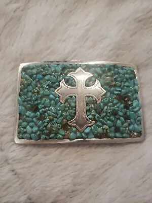 Vintage Nocona Western Turquoise & Cross Polished Belt Buckle Southwest Style • $19.90