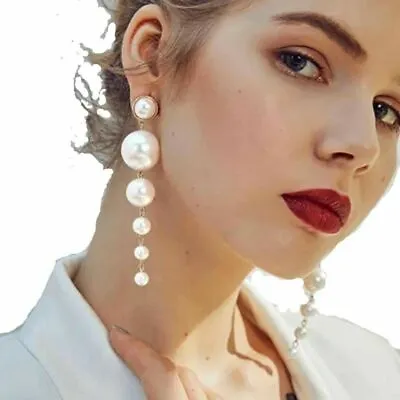 Pearl Gold Statement Dangle Earrings Wedding Big Long Drop Party Gift Jewellery • £3.99