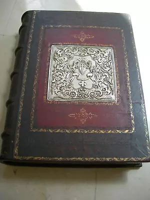 Aged Theodore Alexander Embossed Brown/Red Leather Etched Inlay Faux Book Box • $624