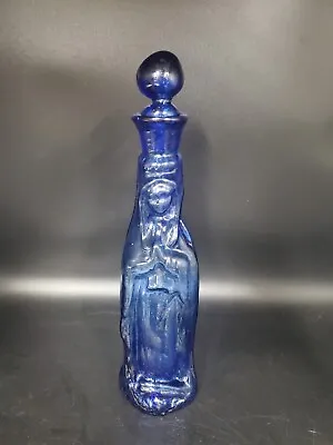 VINTAGE HAND BLOWN Virgin Mary Holy Water Cobalt Blue Glass Bottle W/Stopper A • $44.99