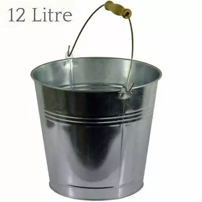 12L Galvanised Steel Metal Bucket Heavy Duty Water Coal Fire Wooden Handle • £7.99