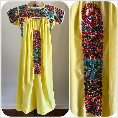 1970s Oaxacan Mexican Huipil Dress Embroidered Boho Caftan Cabana Pool Beach VTG • $120