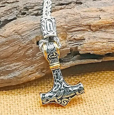 Viking/Mjolnir/Thors Hammer Stainless Steel Gold/Silver Necklace With Rune Bead • £14.95