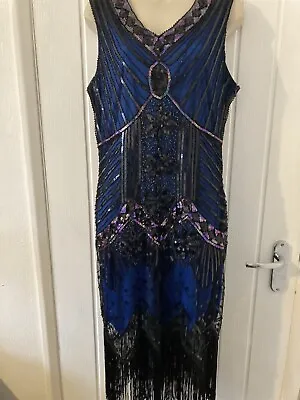 Ladies Dress 1920 S Flapper  Fringe Party Cocktail Evening 18 Beads Preowned GC • £25.90