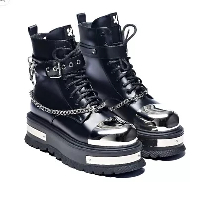 Koi Footwear Borin Mens Hardware Platform Boots In Black UK Size 12 BNIB • £49.99